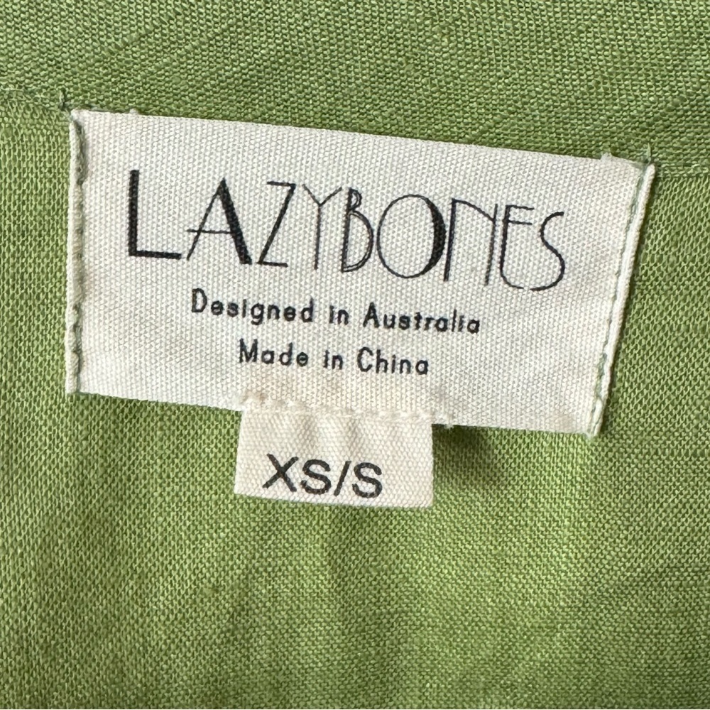 LAZYBONES 100% Linen Short Sleeve Green Midi Dress Drawstring Neck Size XS/S - Picture 2 of 12